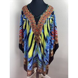 Jessica Taylor Caftan‎ One Size Multicolor Gems Butterfly V-Neck Beach Coverup